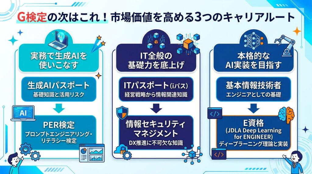 G検定は意味ない?合格後に市場価値を高める3つのステップアップルートとおすすめの関連資格図解