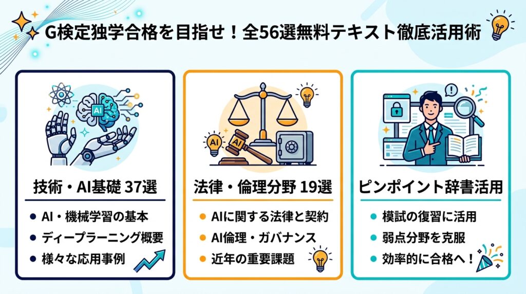 G検定独学合格に向けた無料テキスト56選の分野別構成と効果的な活用法を示す図解スライド
