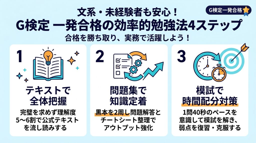 G検定の勉強法を図解。テキストで全体把握、問題集で知識定着、模試で時間配分対策を行う効率的ステップ
