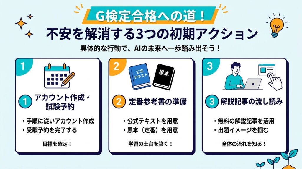 G検定の受験不安を解消する3つの初期アクション(試験予約・参考書の準備・解説記事の流し読み)