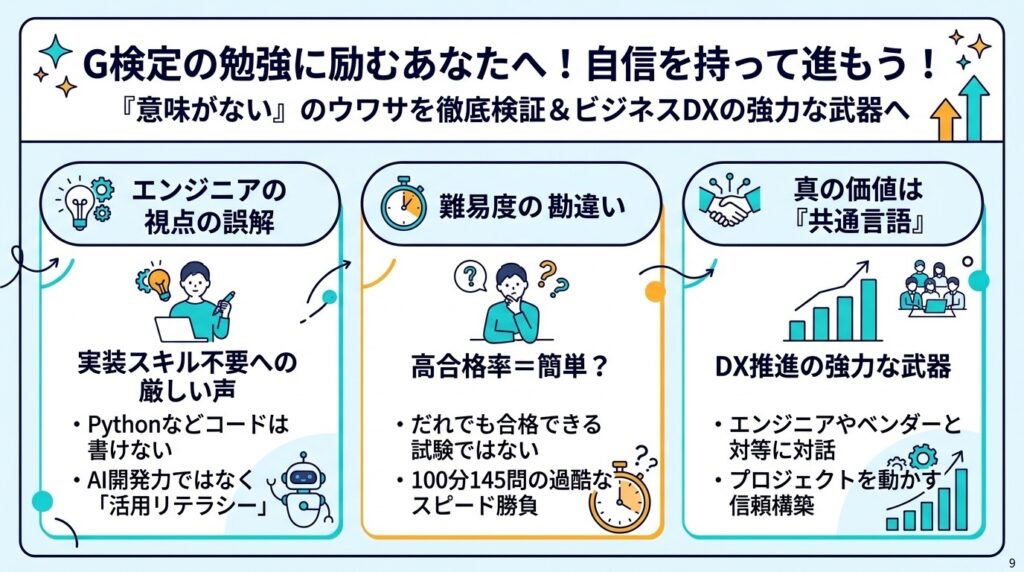 G検定への不安を解消する誤解の真相と、DX推進の共通言語となる真の価値を伝える図解