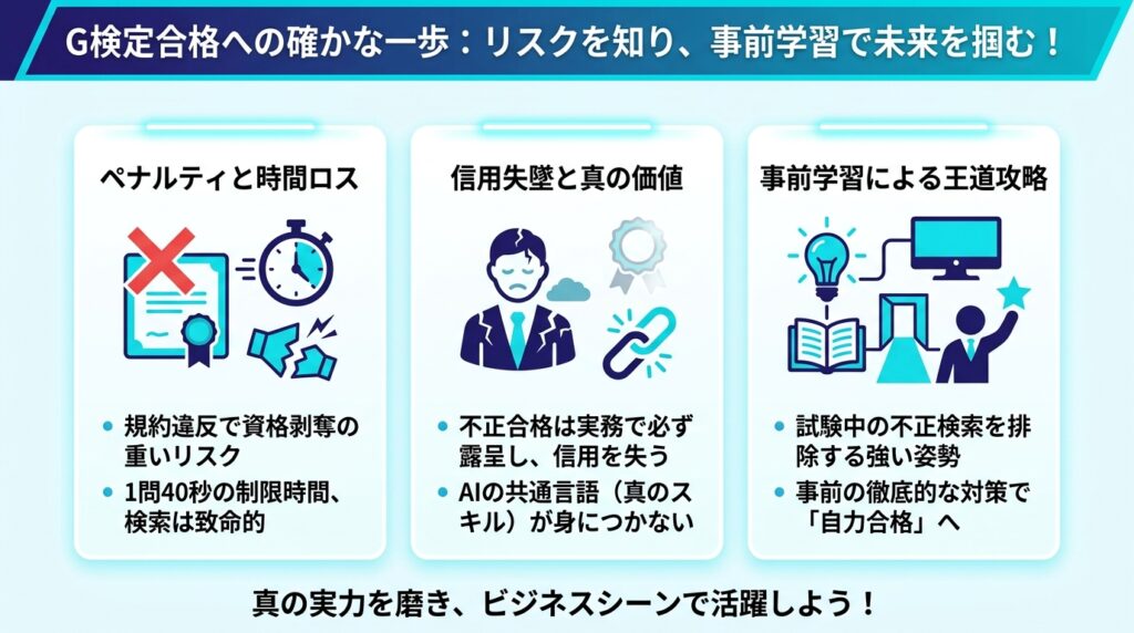 G検定の受験準備における不正行為リスクと事前学習の重要性を解説した図解