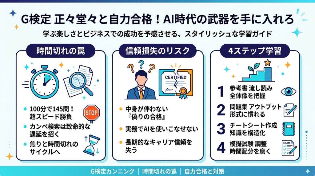 G検定のカンニングがバレる心配やカンペの時間切れリスク、自力合格を目指す4ステップ学習