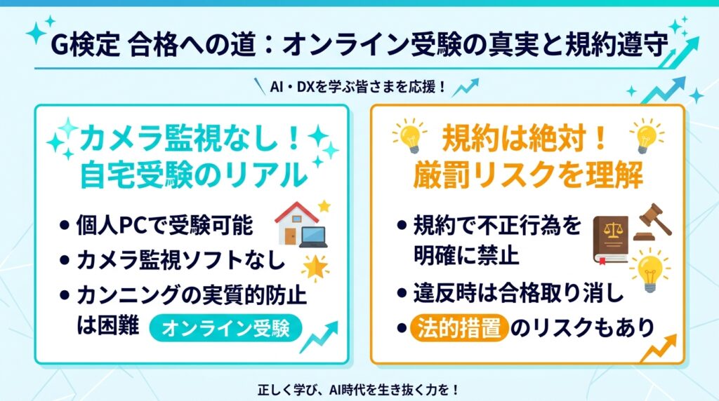 G検定はカメラ監視なしの自宅受験だが、カンニング発覚時は合格取り消しや法的措置などの厳罰リスクがある